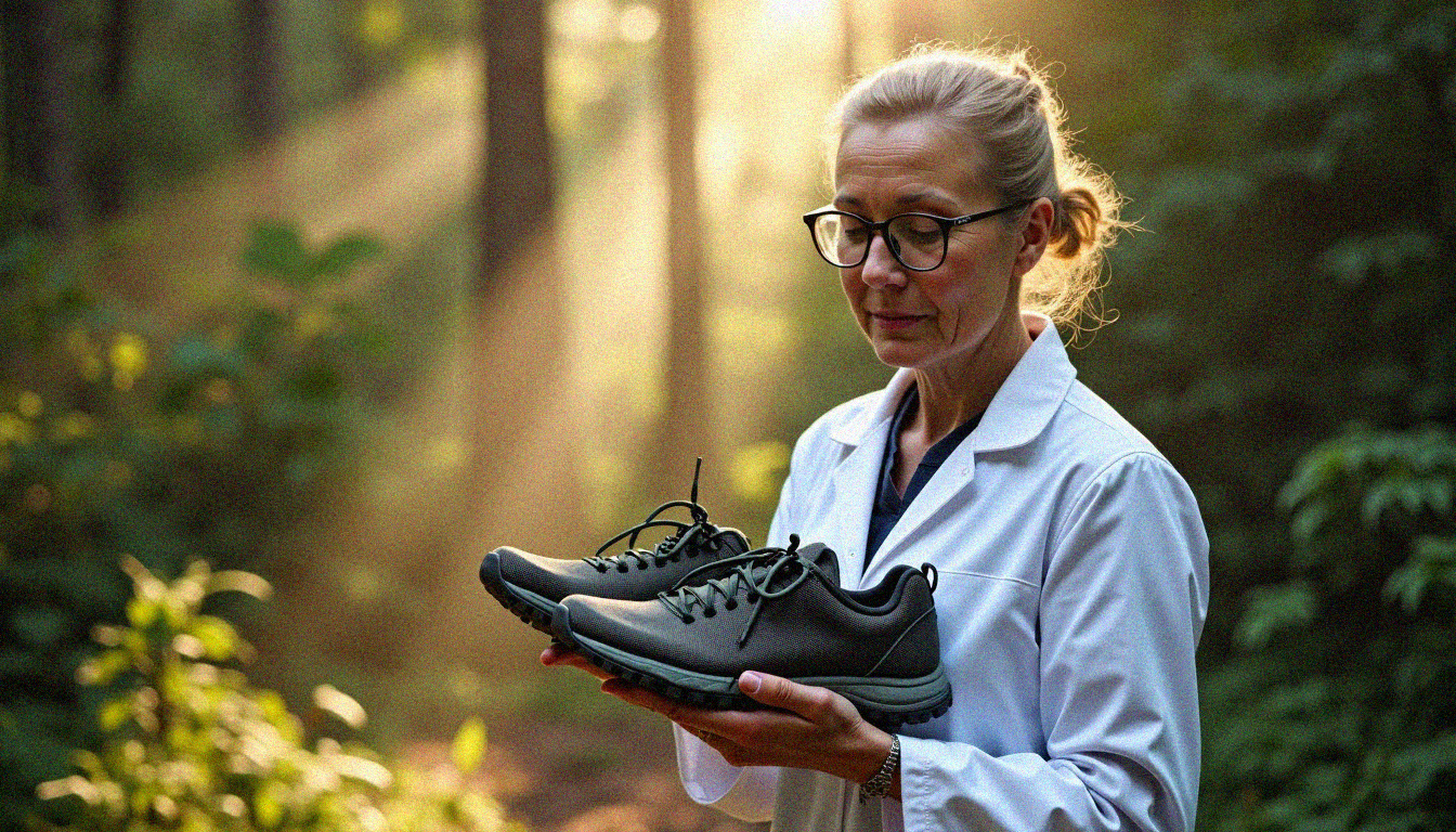 Podologue examinant des chaussures de trail minimalistes Podologue examinant des chaussures de trail minimalistes