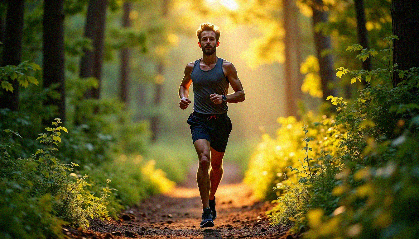 Coureur en trail sur un sentier forestier Coureur en trail sur un sentier forestier